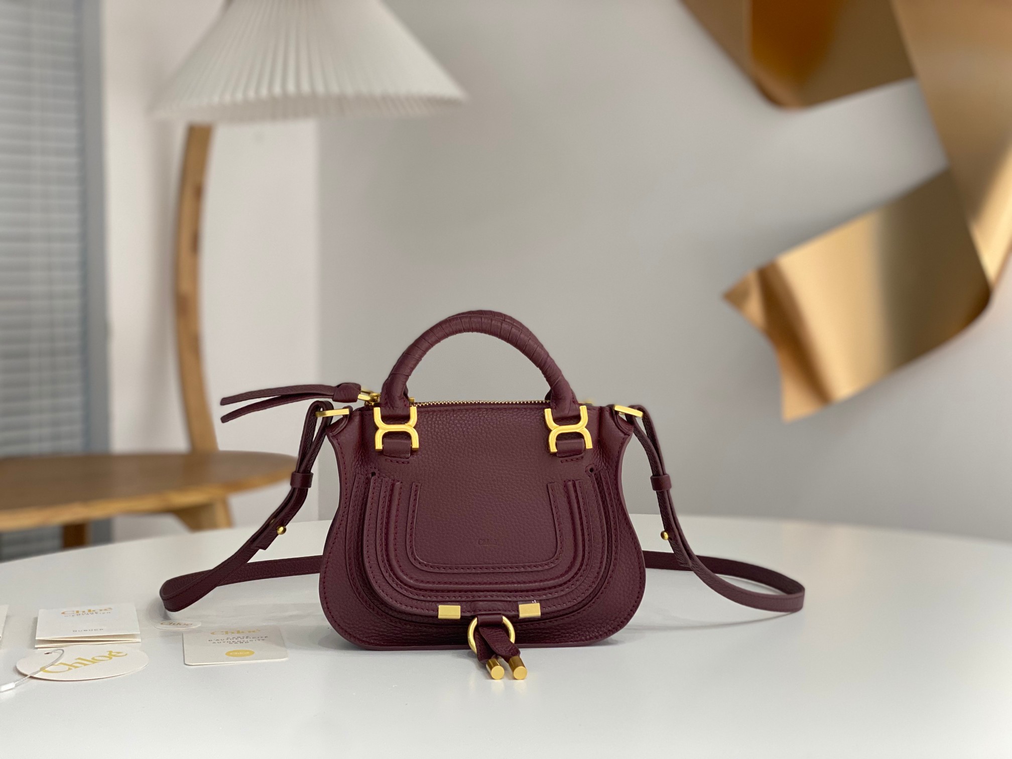 Chloe Mini Marcie Bag In Bordeaux Grained Leather